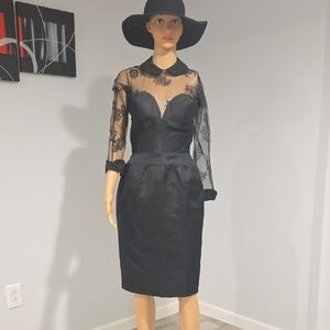 Vintage Black Sheer Lace Long Sleeve Dress
